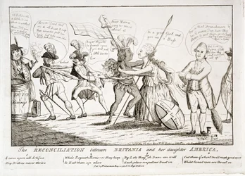 Die Versöhnung zwischen Britannia und ihrer Tochter Amerika, veröffentlicht von W. Richardson, 11. Mai 1782